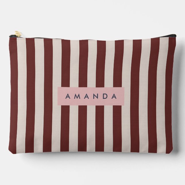 Personalized Burgundy & Ivory Stripe Accessory Pouch (Front)