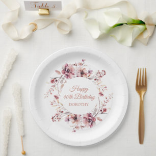 Personalized Burgundy Pink Floral 40th Birthday Paper Plate