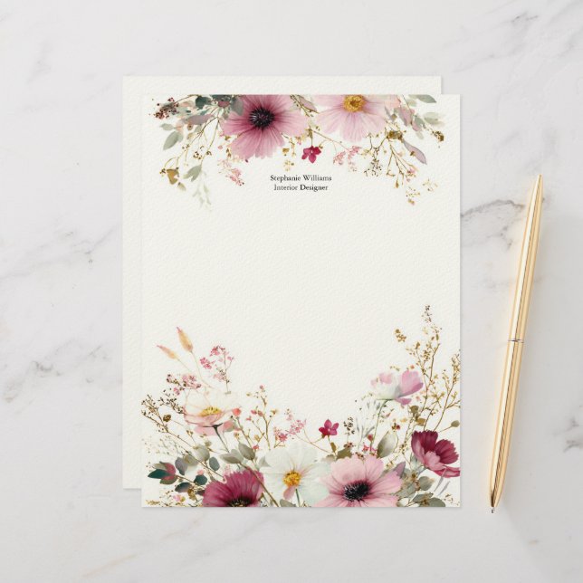 Personalized Burgundy Pink Wildflowers Florals  Custom Letterhead (Front/Back In Situ)