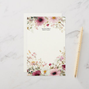 Personalized Burgundy Pink Wildflowers Florals Stationery