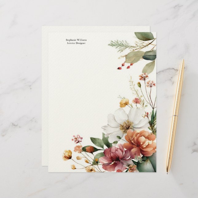 Personalized Burgundy Teal White Florals  Custom Letterhead (Front/Back In Situ)