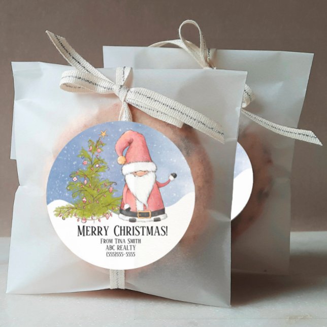 Personalized Business Name Santa Christmas  Classic Round Sticker (Personalized Christmas Stickers)