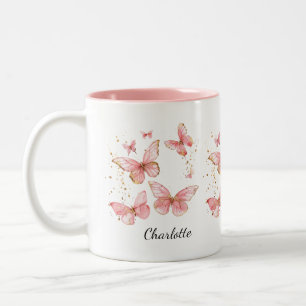 PERSONALIZED Butterfly Mug, Cute Pink Butterfly  Two-Tone Coffee Mug