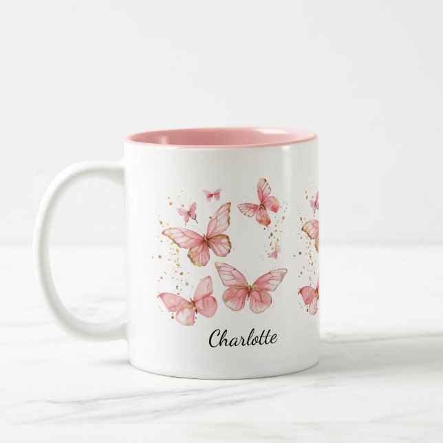 PERSONALIZED Butterfly Mug, Cute Pink Butterfly  Two-Tone Coffee Mug (Left)