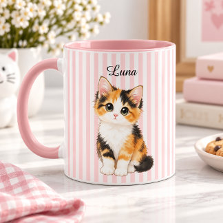 Personalized Calico Kitten Name Pink Striped Coffe Mug