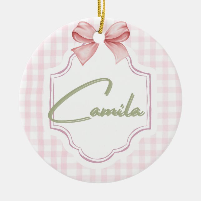 Personalized Camila Baby Girl Nursery Bow&Gingham  Ceramic Tree Decoration (Front)