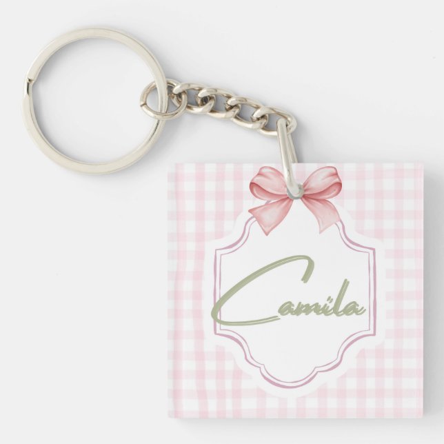 Personalized Camila Baby Girl Nursery Bow&Gingham  Key Ring (Front)