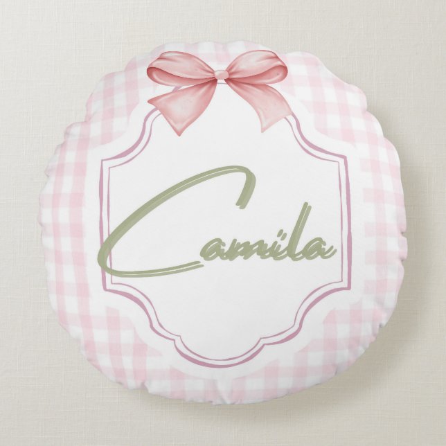 Personalized Camila Baby Girl Nursery Bow&Gingham  Round Cushion (Front)