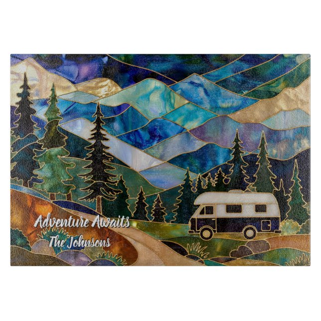 Personalized Camper Glass Cutting Board Adventure (Front)