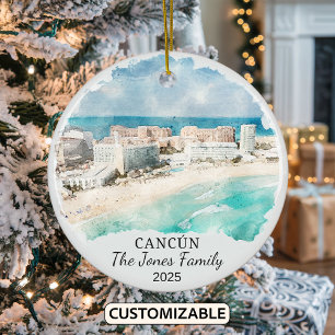 Personalized Cancun Ornament, Mexico Gift Ceramic Tree Decoration