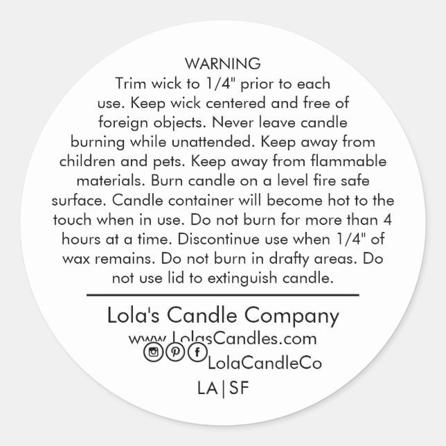 PERSONALIZED CANDLE WARNING LABEL STICKER (Front)