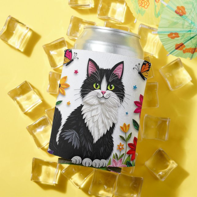 Personalized Cat, Flowers and Butterflies   Can Cooler (In Situ Summer)