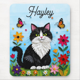 Personalized Cat, Flowers and Butterflies Mouse Mat