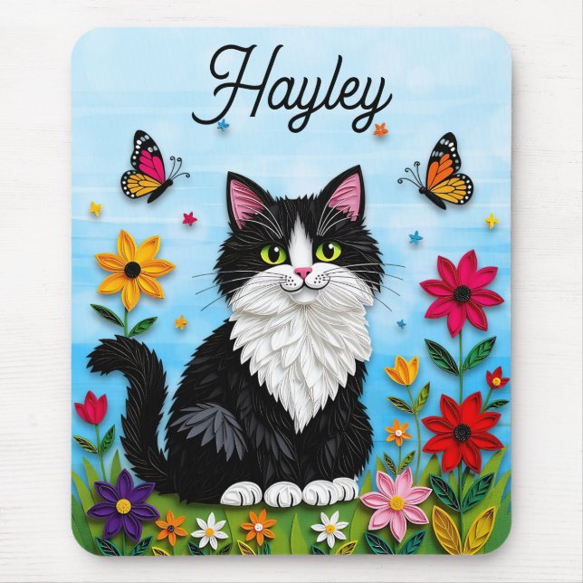Personalized Cat, Flowers and Butterflies   Mouse Mat (Front)