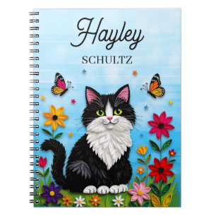 Personalized Cat, Flowers and Butterflies Notebook