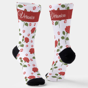 Personalized Cat Lover Socks with Name Red Roses