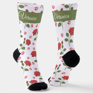 Personalized Cat Lover Socks with Name   Red Roses