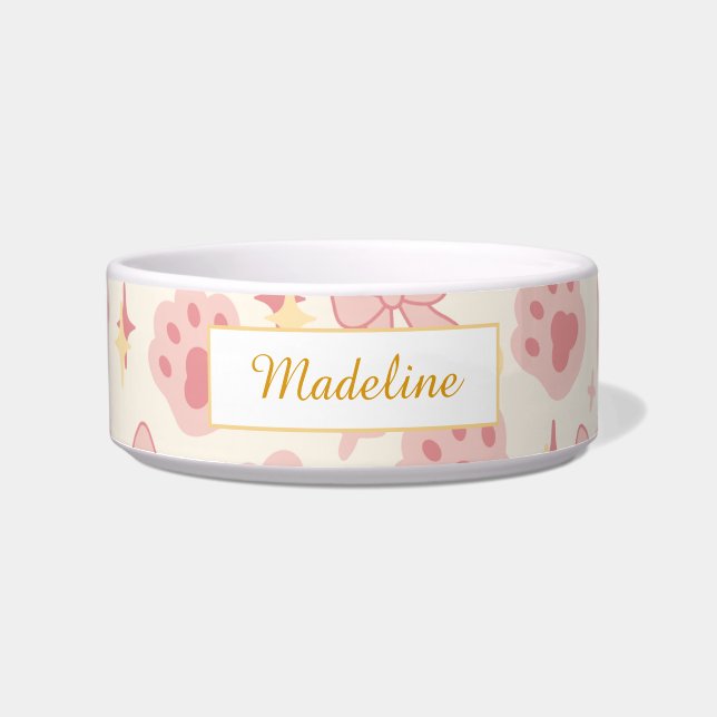 Personalized Cat Name Cat Paws Pastel Bowl Ceramic (Front)