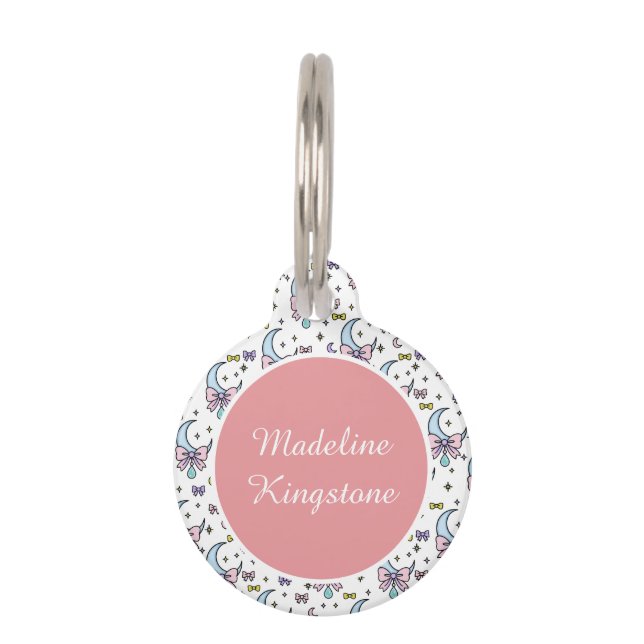 Personalized Cat Name Tag Bows & Moons on White (Front)