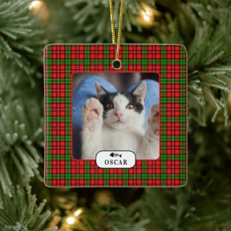 Personalized Cat Red & Green Pet Photo  Ceramic Ornament