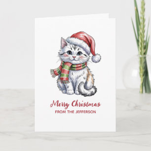 Personalized Cat with Santa Hat Christmas Holiday Card