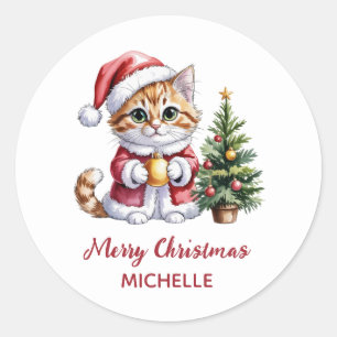 Personalized Cat with Santa Hat Christmas tree Classic Round Sticker