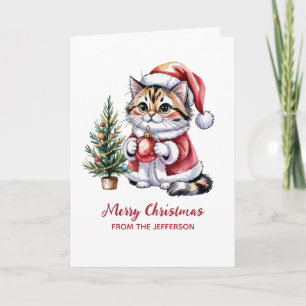 Personalized Cat with Santa Hat Christmas tree Holiday Card
