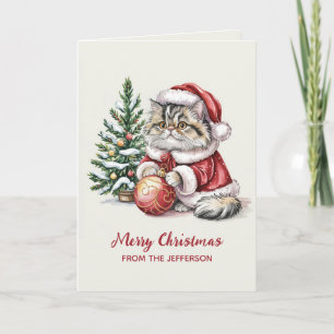 Personalized Cat with Santa Hat Christmas tree Holiday Card