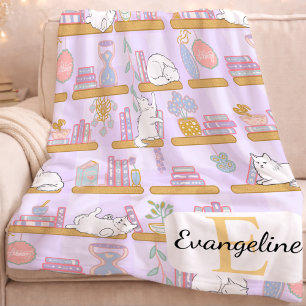 Personalized Cats Library Purple Pastel Girly Book Fleece Blanket