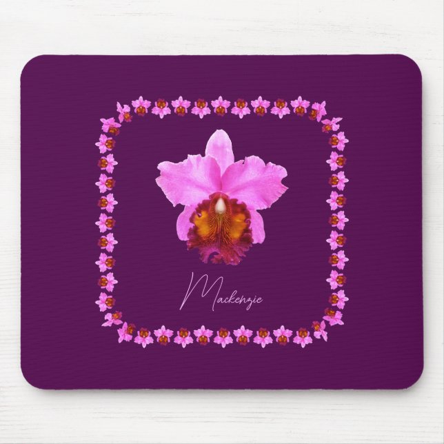 Personalized Cattleya Orchid Motif Print Mouse Mat (Front)