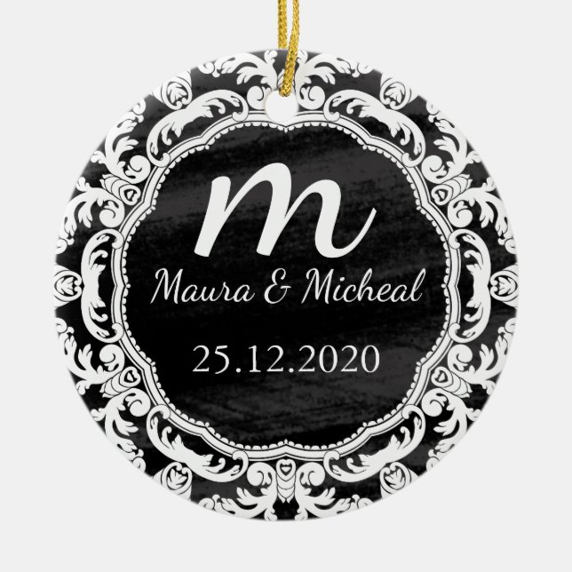 Personalized Chalkboard Monogram Wedding Date Ceramic Tree Decoration (Front)