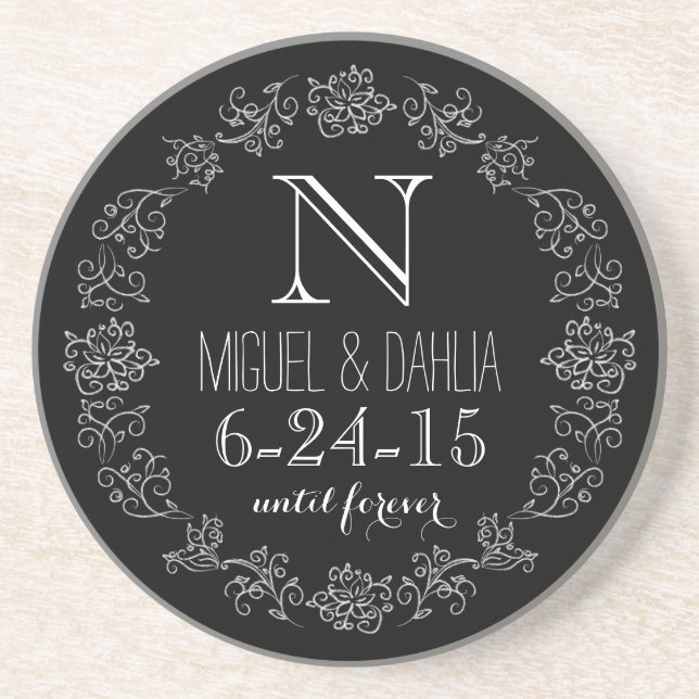 Personalized Chalkboard Monogram Wedding Date Coaster (Front)