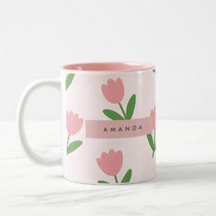 Personalized Charming Pink Tulip Floral Two-Tone Coffee Mug