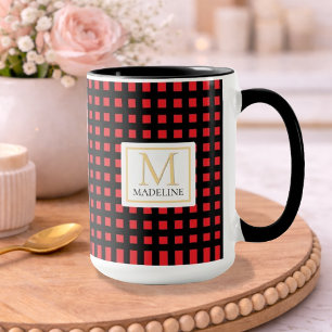 Personalized Checkered Name Mug Red Black Stripe