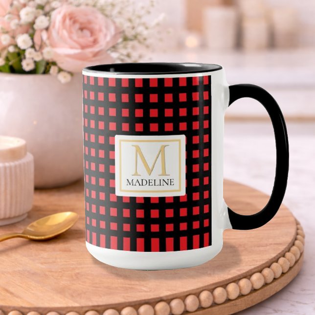 Personalized Checkered Name Mug Red Black Stripe (Creator Uploaded)