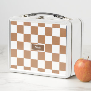 Personalized Checkered Neutral Cognac Camel Metal Lunch Box