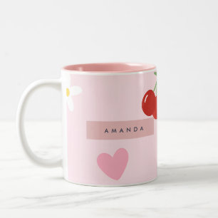 Personalized Cherry, Daisy & Pink Heart Pattern  Two-Tone Coffee Mug