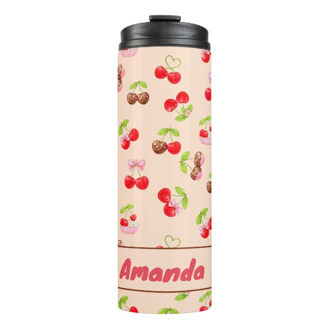 Personalized Cherry Dessert Pattern Cute Name Thermal Tumbler (Front)