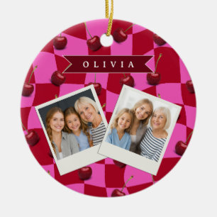 Personalized Cherry Gingham Retro Custom Name Ceramic Tree Decoration
