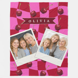 Personalized Cherry Gingham Retro Custom Name Fleece Blanket