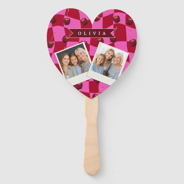 Personalized Cherry Gingham Retro Custom Name Hand Fan (Front)