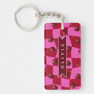 Personalized Cherry Gingham Retro Custom Name Key Ring