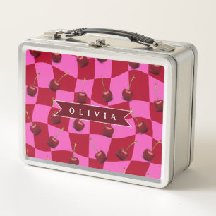 Personalized Cherry Gingham Retro Custom Name Metal Lunch Box
