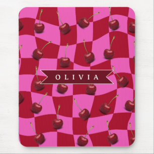 Personalized Cherry Gingham Retro Custom Name Mouse Mat
