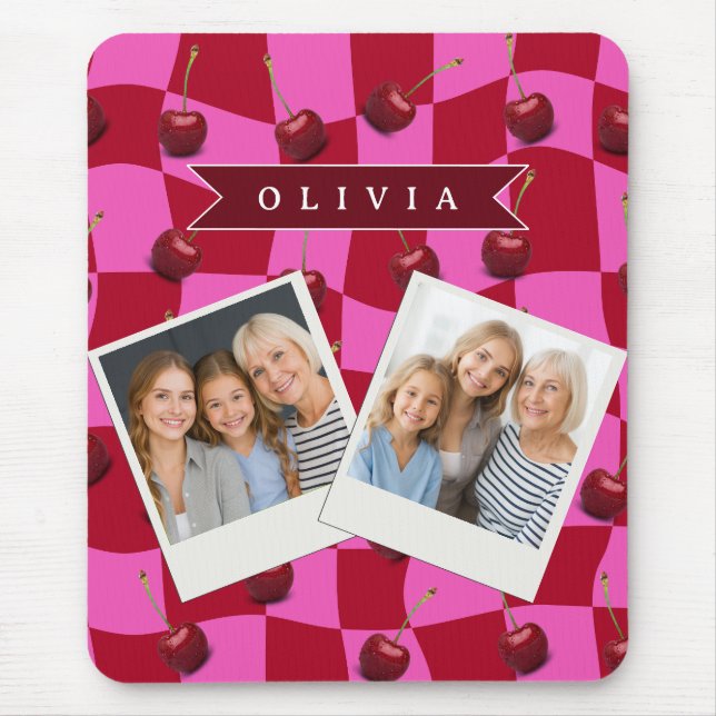 Personalized Cherry Gingham Retro Custom Name Mouse Mat (Front)