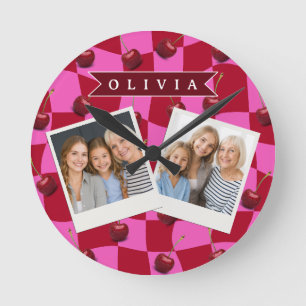 Personalized Cherry Gingham Retro Custom Name Round Clock