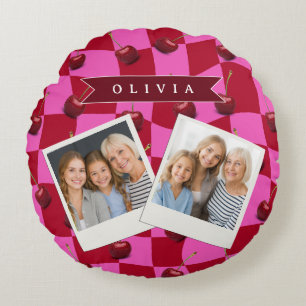 Personalized Cherry Gingham Retro Custom Name Round Cushion