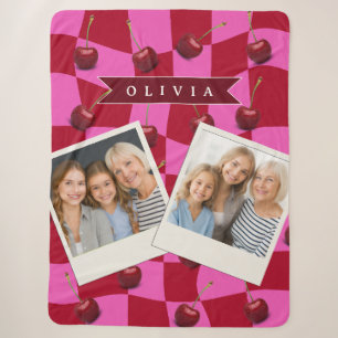 Personalized Cherry Gingham Retro Custom Name Sherpa Blanket