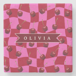 Personalized Cherry Gingham Retro Custom Name Stone Coaster