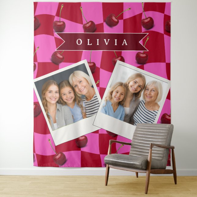 Personalized Cherry Gingham Retro Custom Name Tapestry (In Situ)